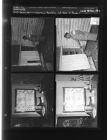 Woman pointing at hole in house (4 Negatives) October 24-25, 1958 [Sleeve 56, Folder b, Box 16]